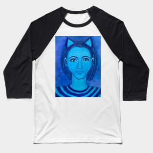 Woman in Blue Baseball T-Shirt